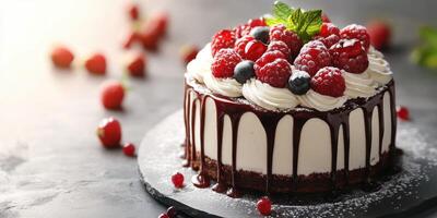 Delicious cake topped with fresh raspberries and blueberries in a soft lighting setting photo