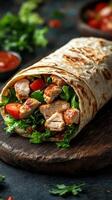 Fresh chicken wrap made with soft tortilla and crisp vegetables on a wooden board photo