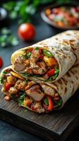 Grilled chicken wraps with fresh vegetables and herbs on a wooden serving board at a cozy dining setting photo