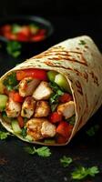 Delicious grilled chicken wrap filled with fresh vegetables and herbs on a dark background photo