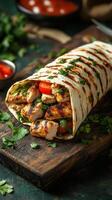 Grilled chicken wrap filled with fresh vegetables and herbs served on a wooden board photo