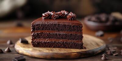 Decadent chocolate layer cake on wooden board with rich frosting and chocolate chips photo