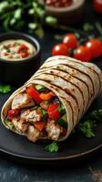 Delicious grilled chicken wrap with fresh vegetables and dips prepared in a modern kitchen setting photo