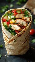 Delicious grilled chicken wrap filled with fresh vegetables and herbs in a cozy dining setting photo