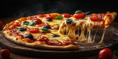 Delicious cheese pizza topped with olives and cherry tomatoes served on a rustic wooden board photo