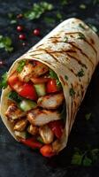 Delicious grilled chicken wrap filled with fresh vegetables and herbs on a rustic table photo