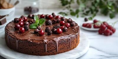 Chocolate cake decorated with fresh berries and mint on a marble surface in a bright kitchen setting photo