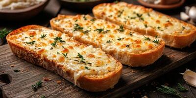 Delicious garlic bread topped with melted cheese and fresh herbs on a rustic wooden table photo
