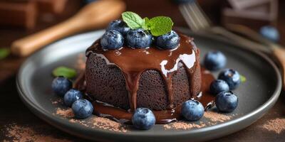 Rich chocolate cake with blueberries and mint served on a dark plate in a cozy setting photo