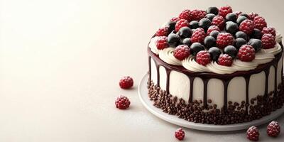 Decadent cake topped with fresh raspberries and blackberries on a light background photo