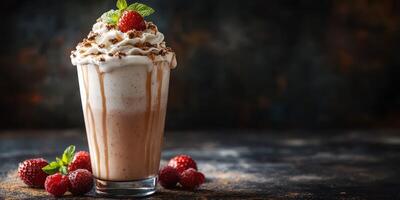 Delicious milkshake topped with whipped cream, chocolate, and fresh berries on a dark background in a cozy setting photo