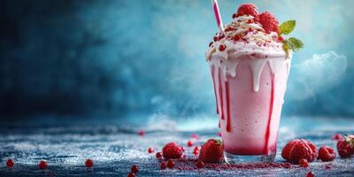 Refreshing raspberry milkshake adorned with whipped cream and fresh berries served against a vibrant blue background photo