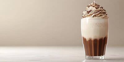 Chocolate beverage topped with whipped cream and chocolate shavings against a soft background photo