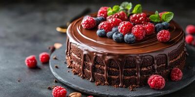 Decadent chocolate cake topped with fresh raspberries and blueberries on a black surface photo