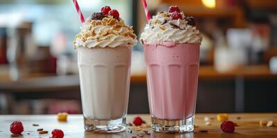 Delicious milkshakes topped with whipped cream and berries served in glasses on a wooden table at a casual eatery photo