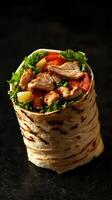 Freshly grilled chicken wrap with vibrant vegetables and crisp lettuce in a toasted tortilla photo