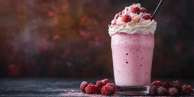 Delicious raspberry milkshake topped with whipped cream and fresh berries on a dark textured background photo