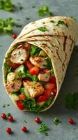 Grilled chicken wrap filled with fresh vegetables and herbs served for a healthy meal option photo