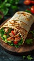 Fresh chicken wrap with crisp vegetables served on a wooden board in a cozy dining setting photo