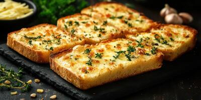 Deliciously baked garlic bread topped with herbs and cheese served on a wooden board photo