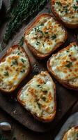 Delicious cheesy bread topped with herbs served on a rustic wooden board at a cozy kitchen setting photo
