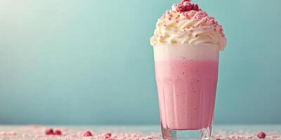 Strawberry milkshake topped with whipped cream and sprinkles in a glass on a pastel background photo