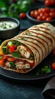 Delicious grilled chicken wrap filled with fresh vegetables served on a dark plate photo