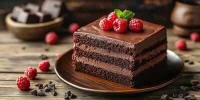 Delicious chocolate cake served with fresh raspberries on a rustic wooden table photo