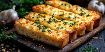 Delicious garlic bread topped with melting cheese and fresh herbs served on a wooden board photo