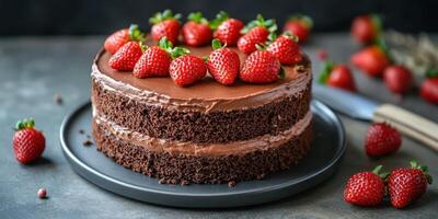 Chocolate cake topped with fresh strawberries on a dark background showcasing a crafted dessert photo