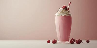 Delicious raspberry milkshake topped with whipped cream and a straw on a minimalist background photo
