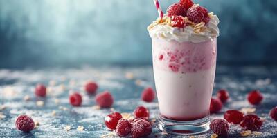 Refreshing raspberry milkshake topped with whipped cream and crunchy oats in a stylish glass photo