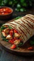 Grilled chicken wrap with fresh vegetables and herbs served on a wooden board photo