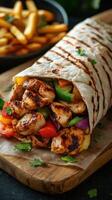 Grilled chicken wrap filled with colorful vegetables served alongside crispy fries photo