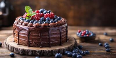 Delicious chocolate cake topped with fresh raspberries and blueberries on a wooden table in a cozy setting photo
