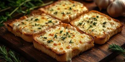 Deliciously golden baked bread topped with melted cheese and herbs on a wooden board surrounded by garlic photo