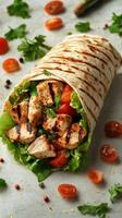 Grilled chicken wrap with fresh vegetables and herbs on a rustic surface photo