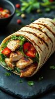 Fresh grilled chicken wrap with vibrant vegetables served on a dark stone surface photo