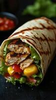 Delicious chicken wrap with fresh vegetables at a casual dining spot during lunchtime photo