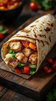 Grilled chicken wrap filled with fresh vegetables served on a rustic wooden table photo