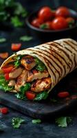 Grilled chicken wrap with fresh vegetables served on a dark stone plate photo
