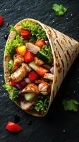 Healthy chicken wrap filled with fresh vegetables and herbs served on black stone background photo