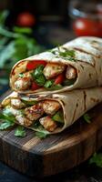 Grilled chicken wraps with fresh vegetables and herbs served on a wooden board in a cozy kitchen setting photo