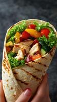 Delicious grilled chicken wrap filled with fresh vegetables served in a vibrant setting photo
