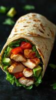 Delicious chicken wrap filled with fresh vegetables served on a dark background during lunchtime preparation photo