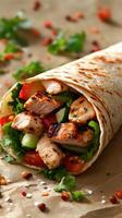 Grilled chicken wrap filled with fresh vegetables and herbs, served on parchment paper photo