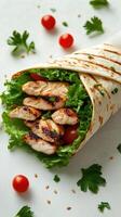 Grilled Chicken Wrap with Fresh Vegetables Prepared on a White Surface photo
