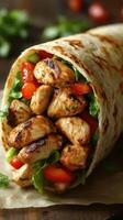 Grilled chicken wrap filled with fresh vegetables served on parchment paper photo