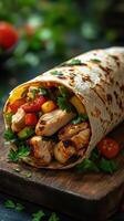 Chicken and vegetable wrap on wooden board with fresh herbs and cherry tomatoes in a cozy kitchen setting photo