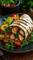 Grilled chicken wrap served with fresh vegetables on a dark plate in a rustic kitchen setting photo